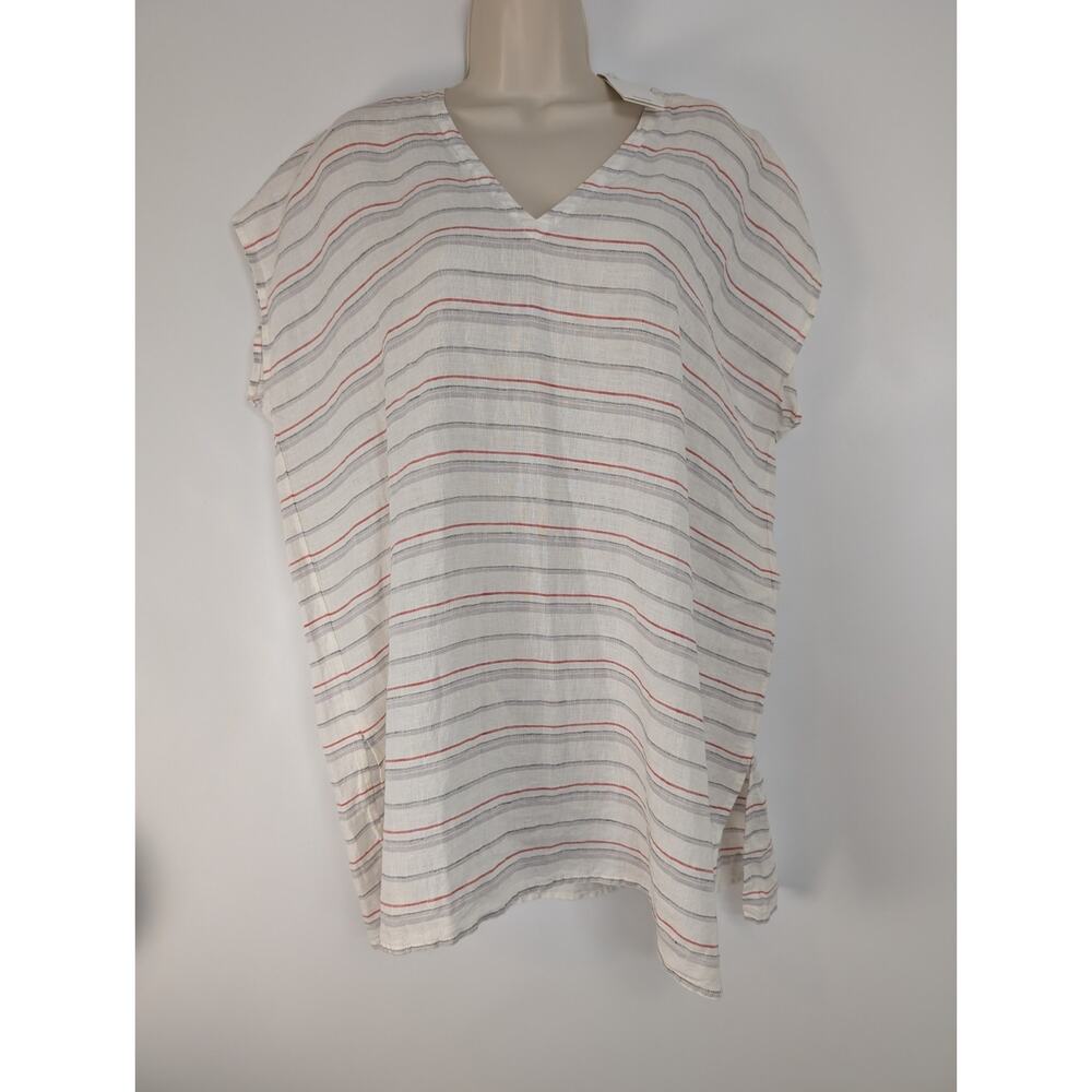 Eileen Fisher 100% Organic Linen Striped V Neck Tunic Kaftan Top Sz Petite Small